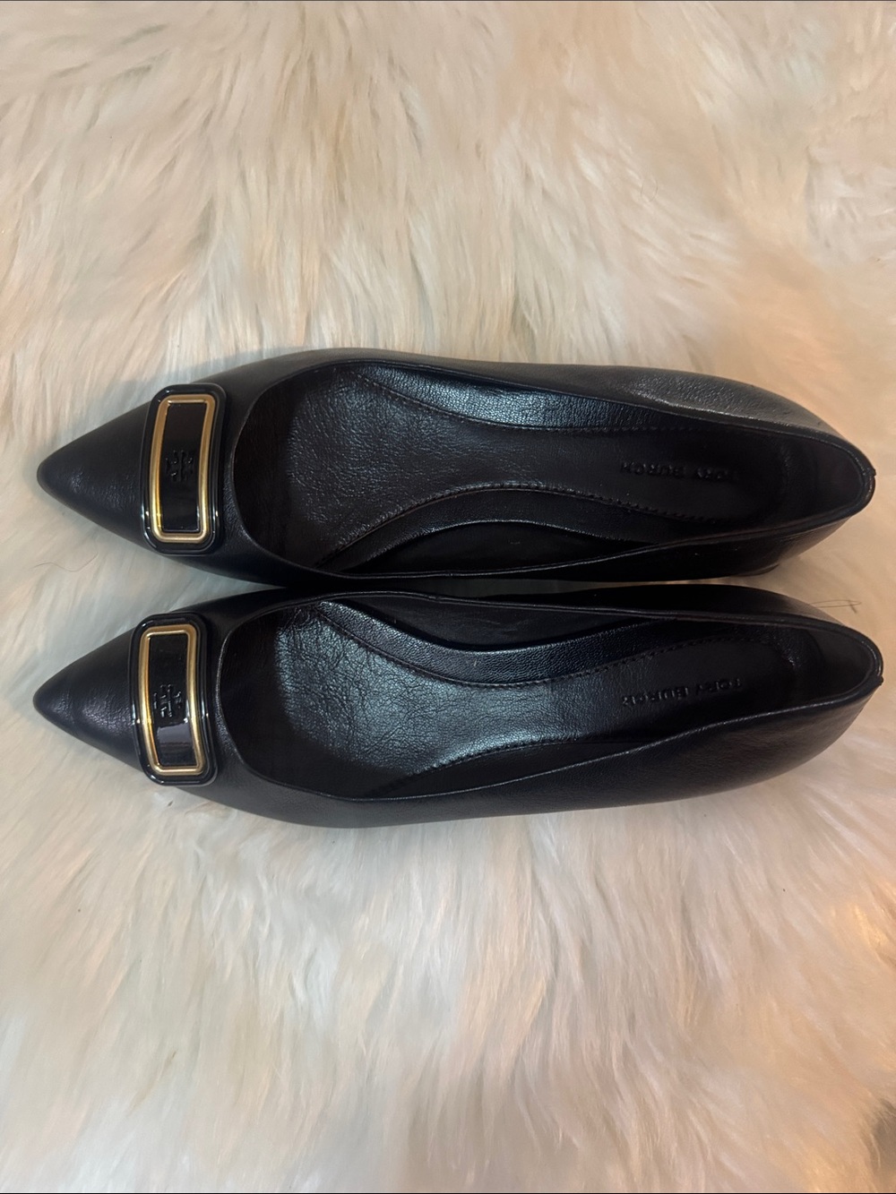 Tory Burch Black Pointed Toe Heels with Gold Buckle Trim